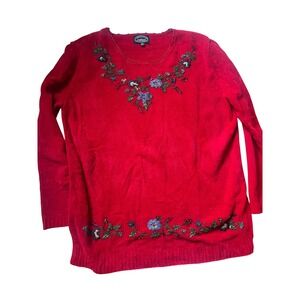 Carolyn Taylor Red Floral Embroidered Long Sleeve Sweater M